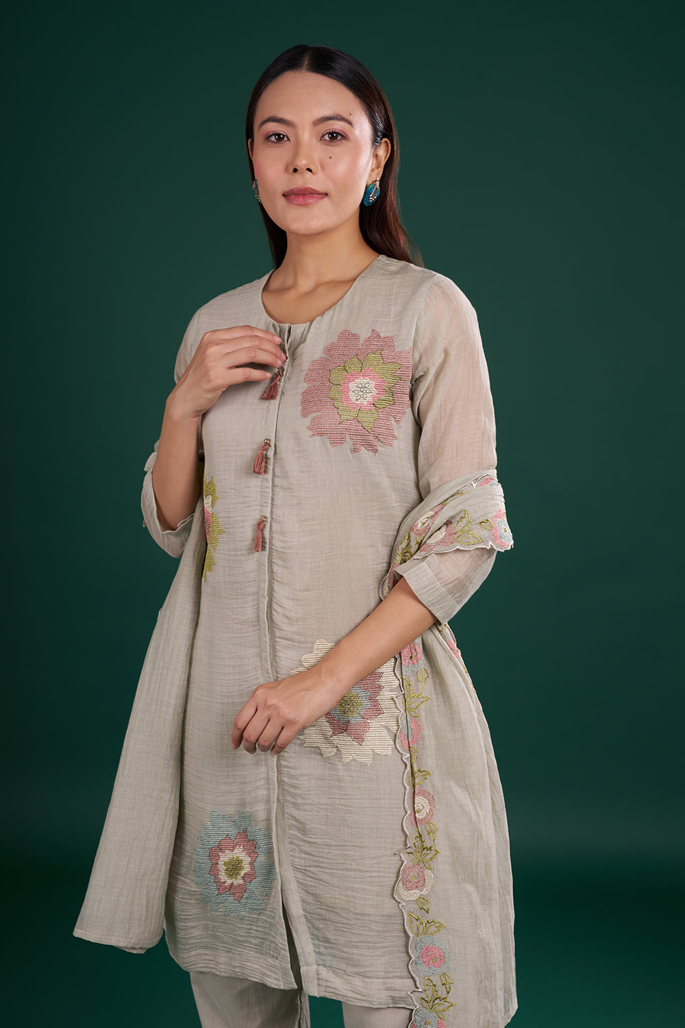 Dusty Grey Muslin Kurta Set with Floral Thread Embroidery