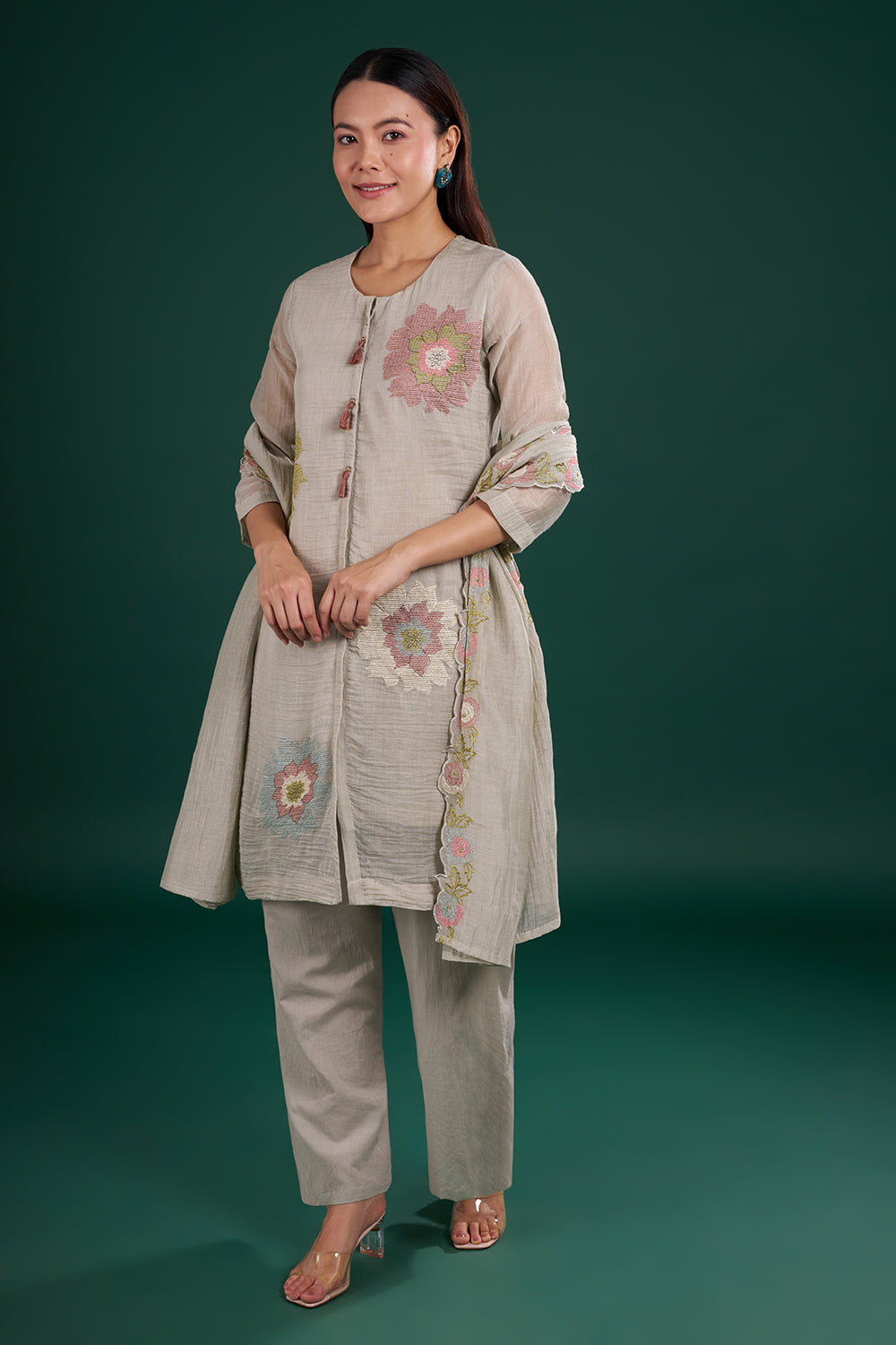 Dusty Grey Muslin Kurta Set with Floral Thread Embroidery