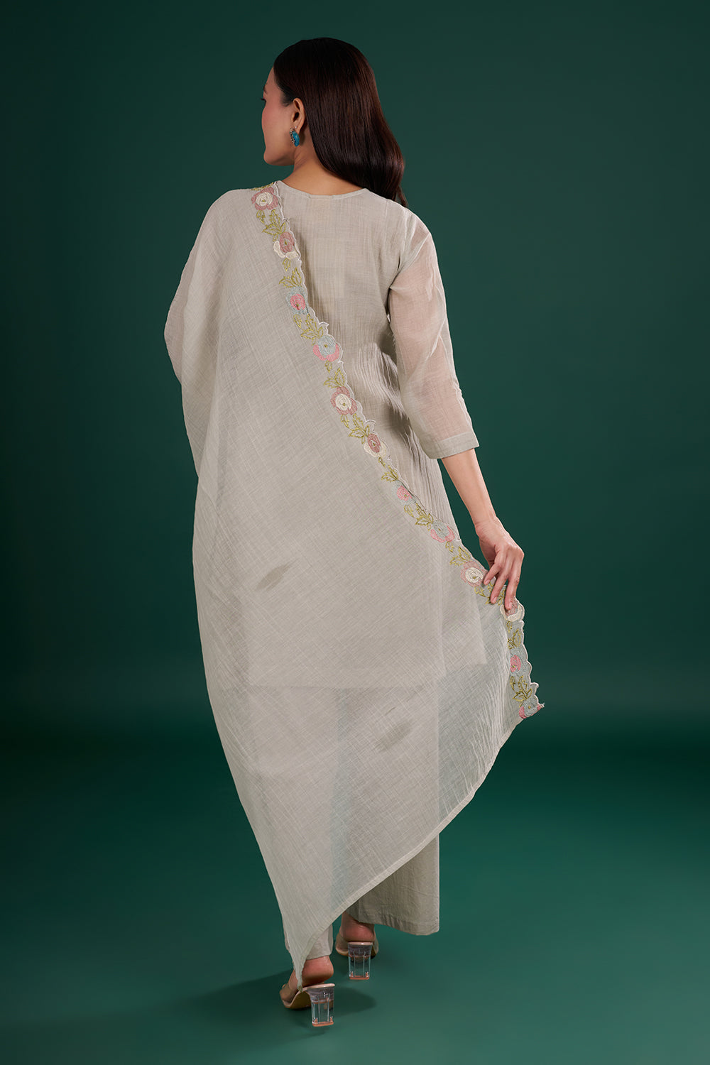 Dusty Grey Muslin Kurta Set with Floral Thread Embroidery