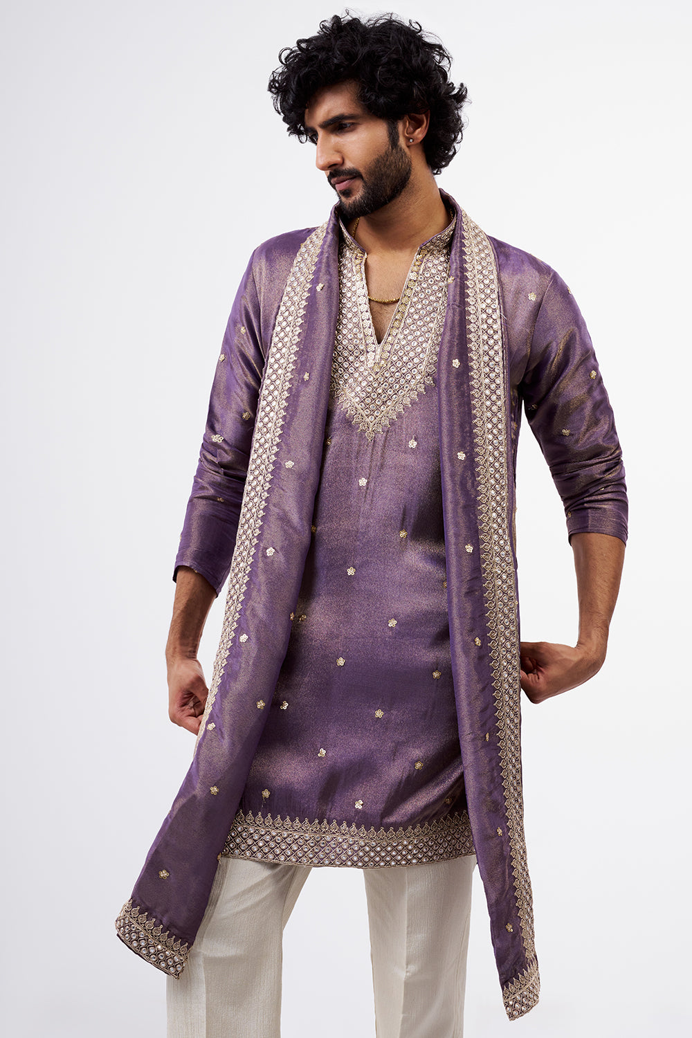 Dusty Lavender Embellished Tissue Silk Men's Kurta Set