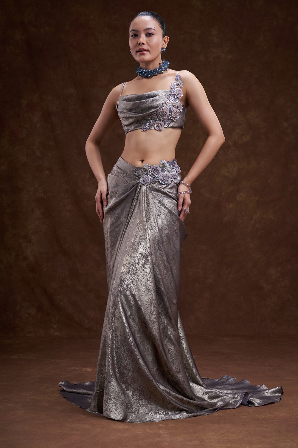 Dusty Lilac Embellished Drape Skirt Set