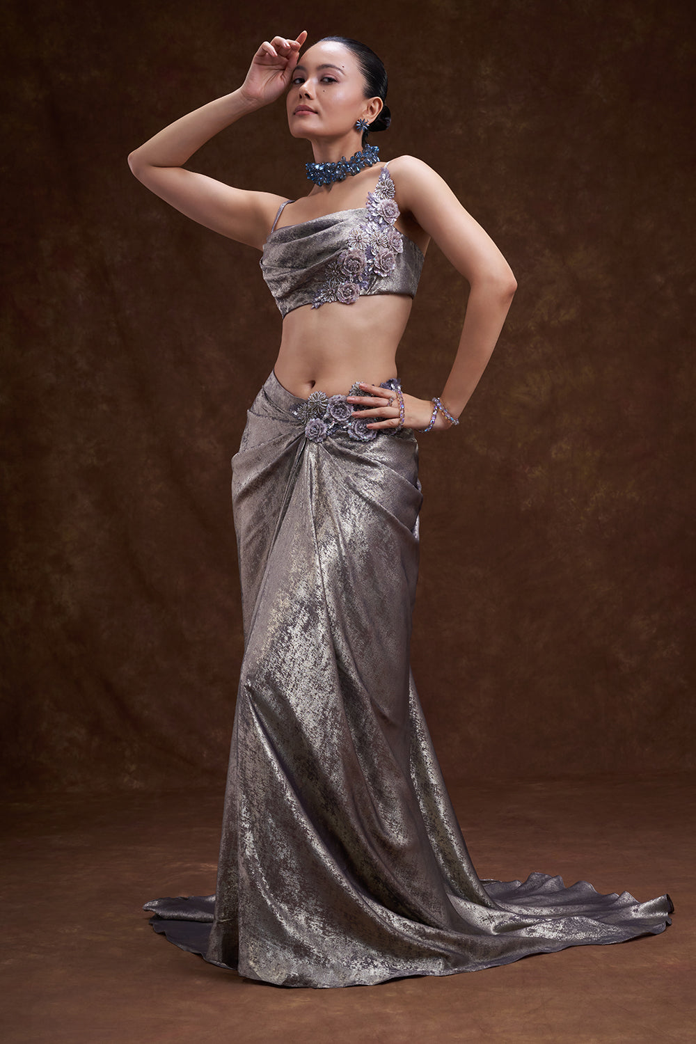 Dusty Lilac Embellished Drape Skirt Set