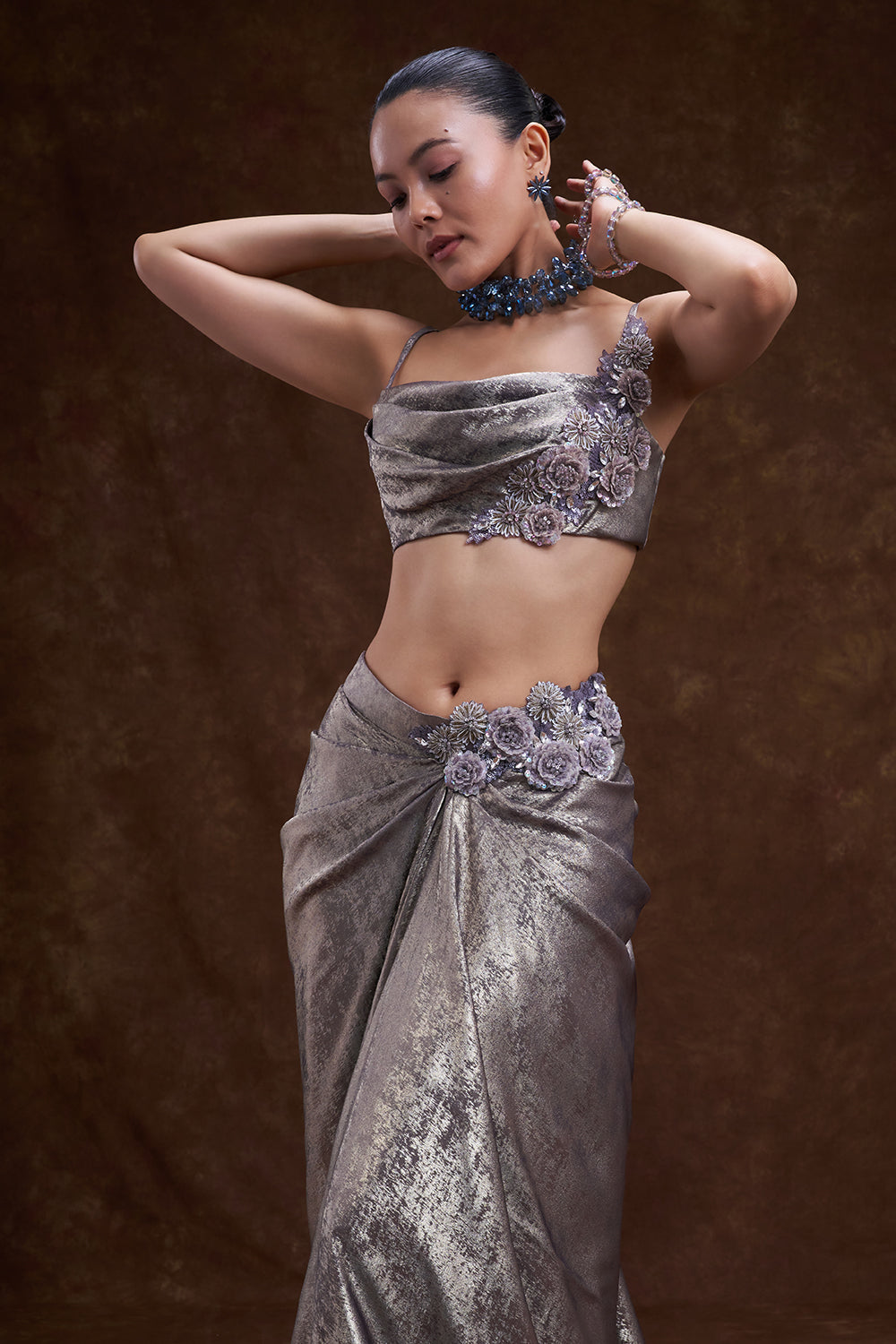 Dusty Lilac Embellished Drape Skirt Set