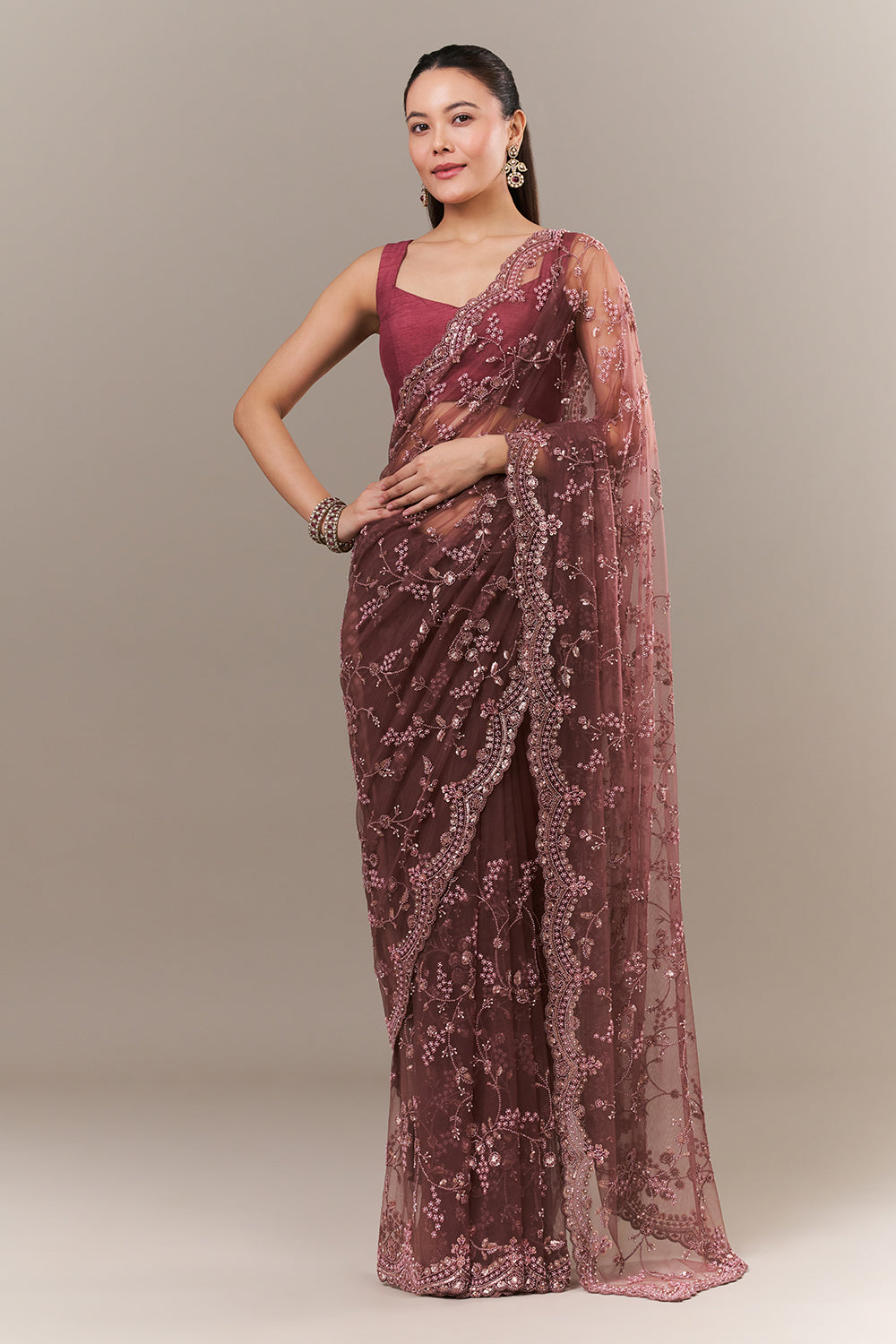 Dusty Mauve Net Saree with Sequin and Pearl Work