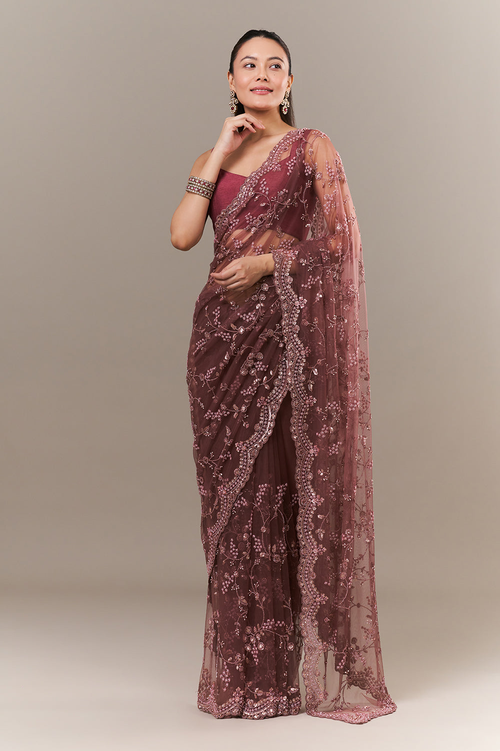 Dusty Mauve Net Saree with Sequin and Pearl Work