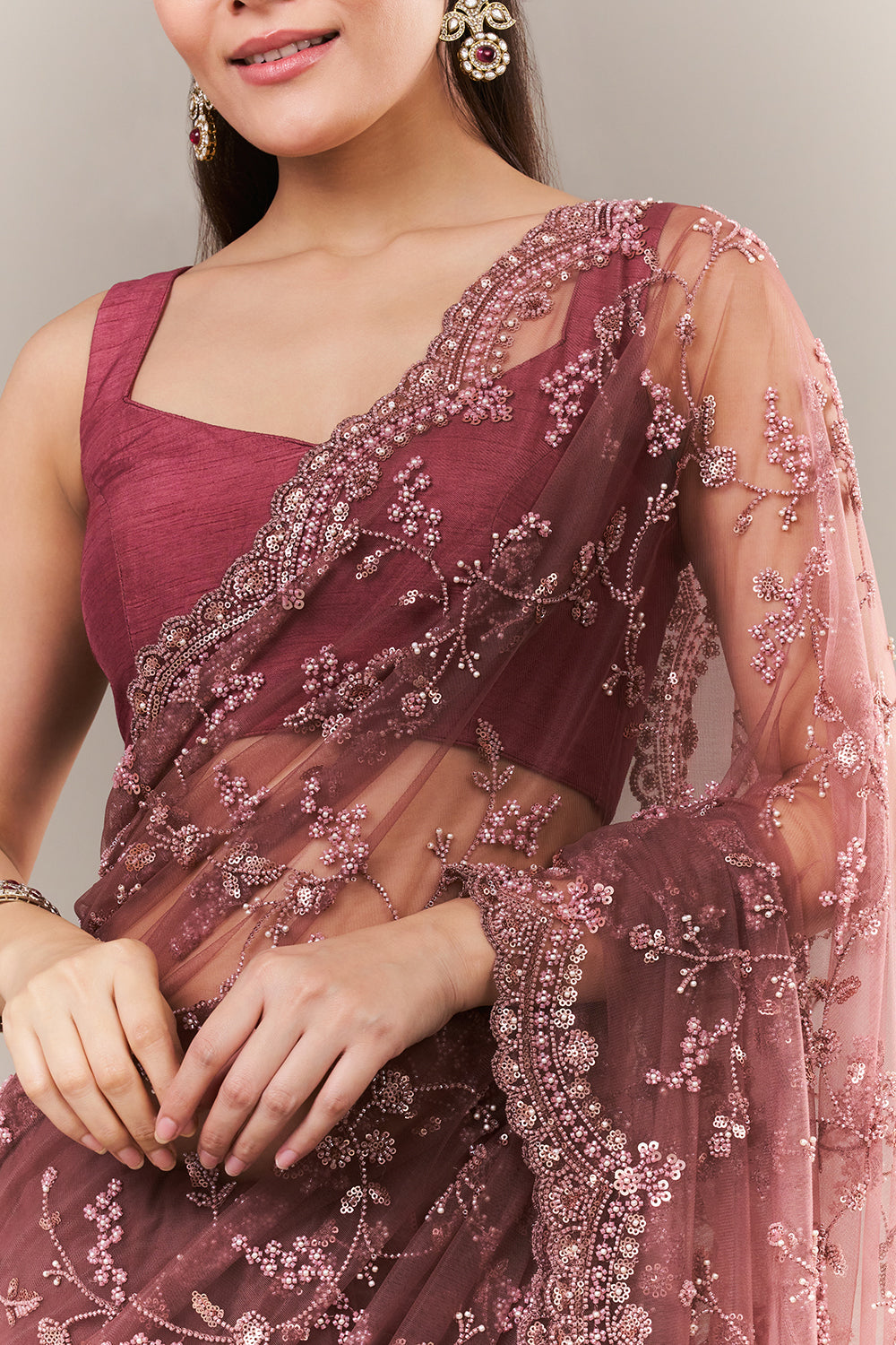 Dusty Mauve Net Saree with Sequin and Pearl Work