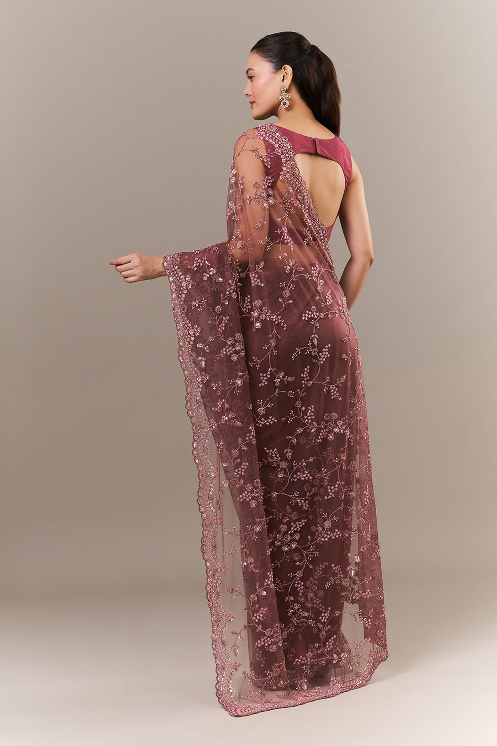 Dusty Mauve Net Saree with Sequin and Pearl Work
