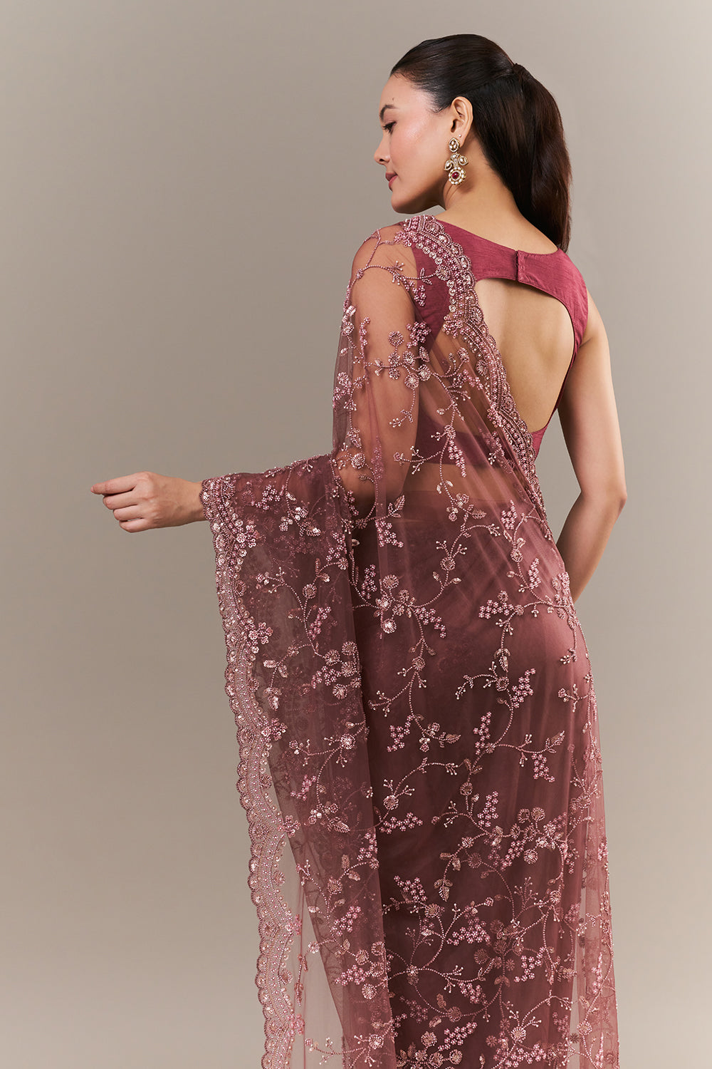 Dusty Mauve Net Saree with Sequin and Pearl Work