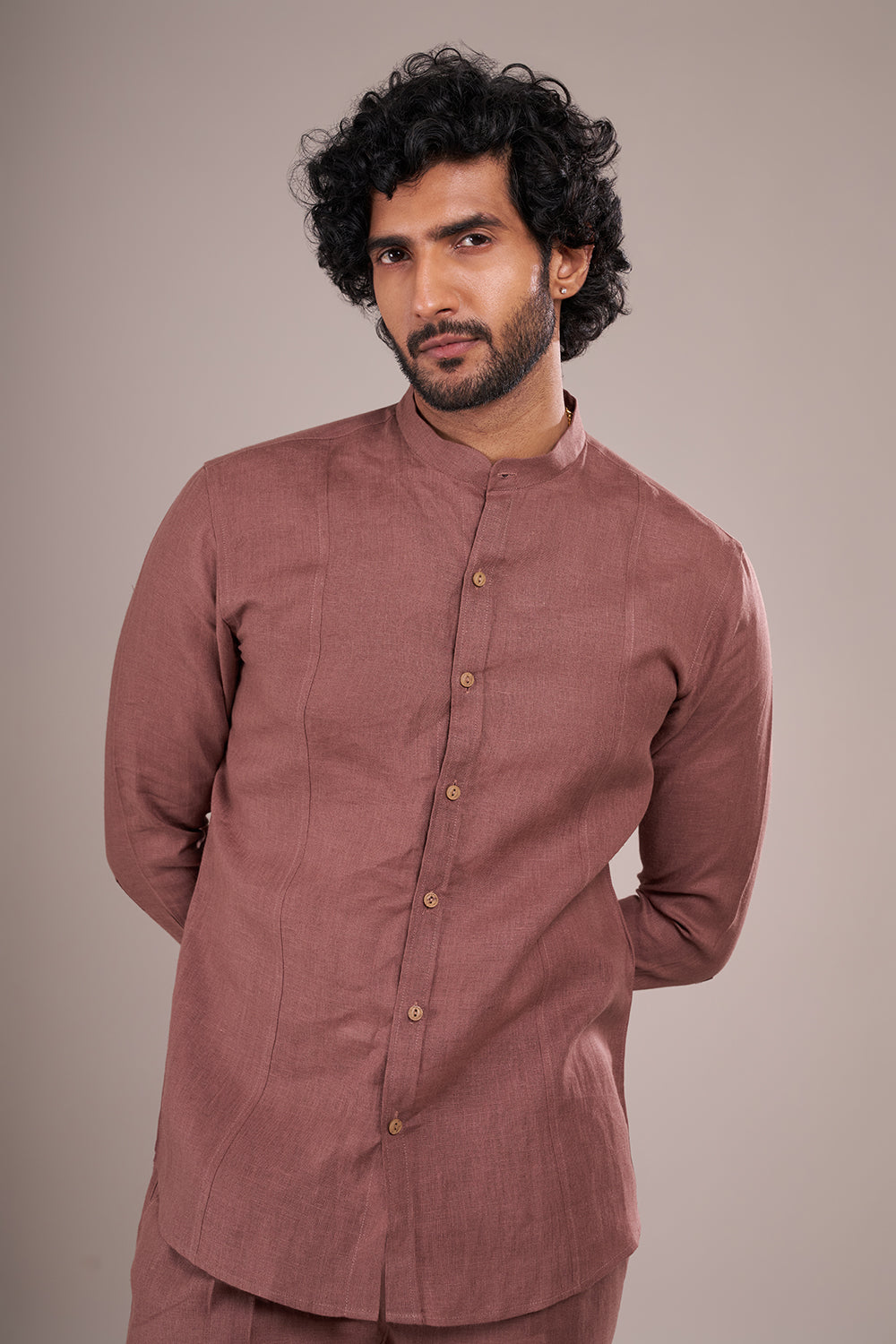 Dusty Mauve Linen Men's Bundi Set with Zari Embroidery