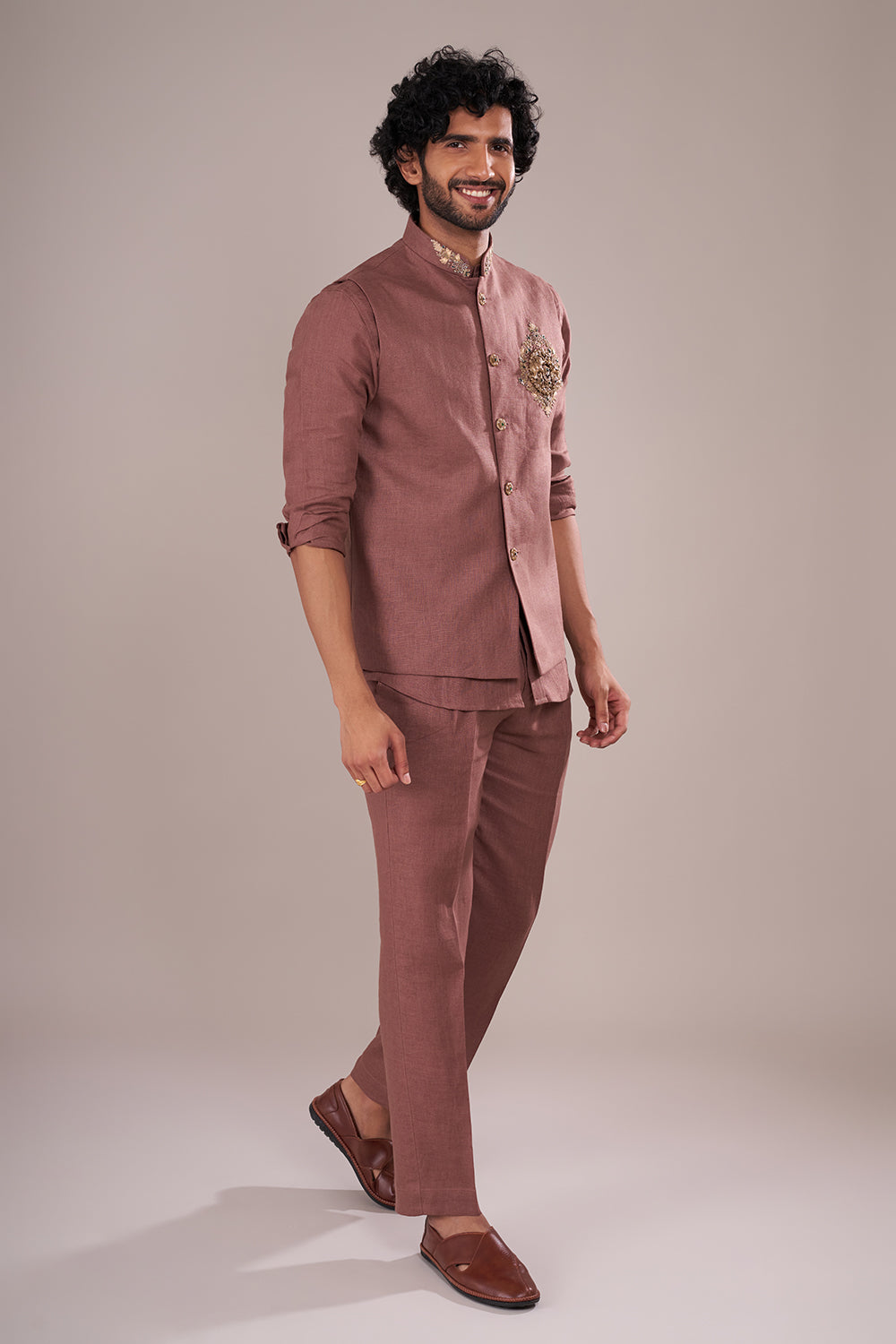 Dusty Mauve Linen Men's Bundi Set with Zari Embroidery