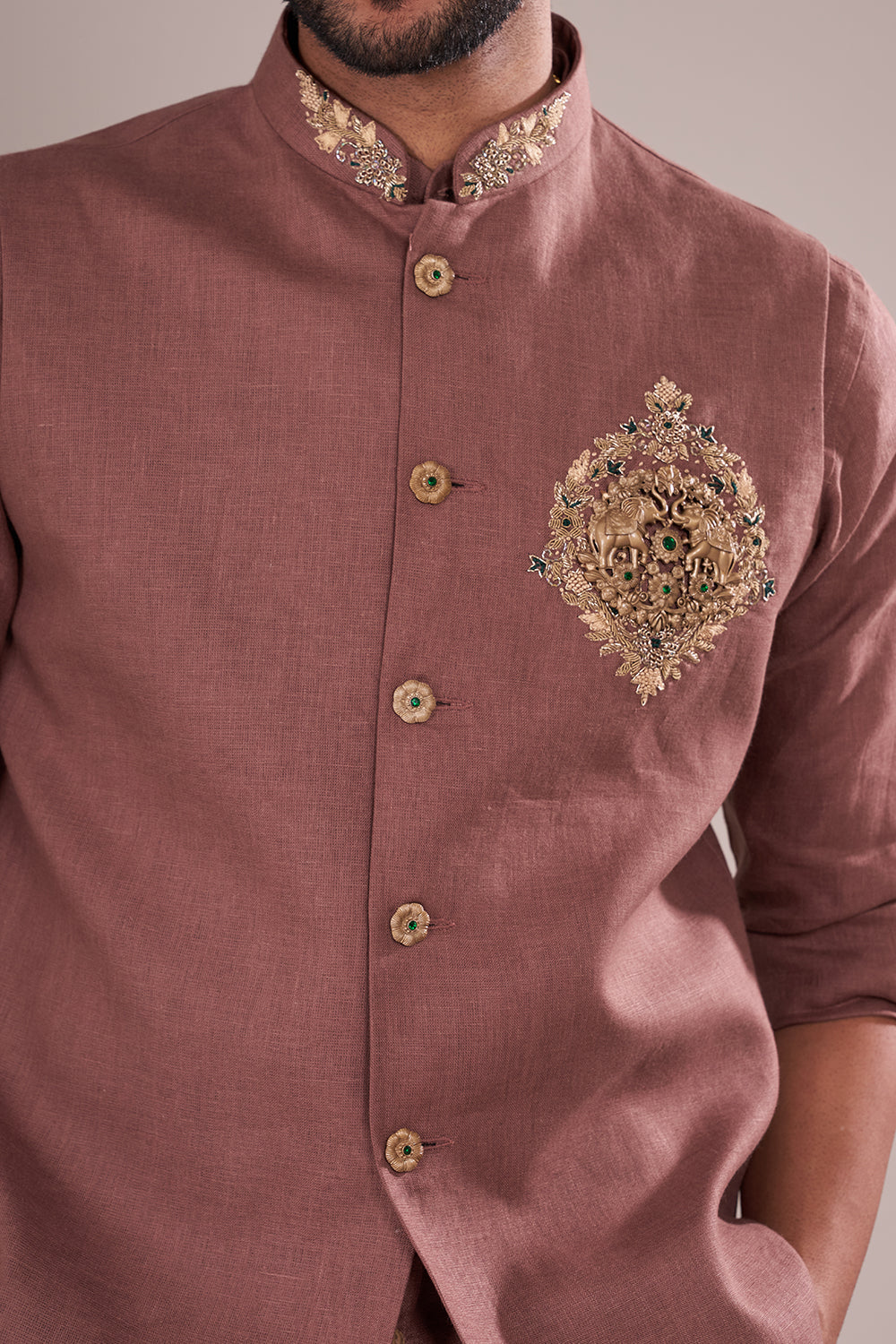 Dusty Mauve Linen Men's Bundi Set with Zari Embroidery