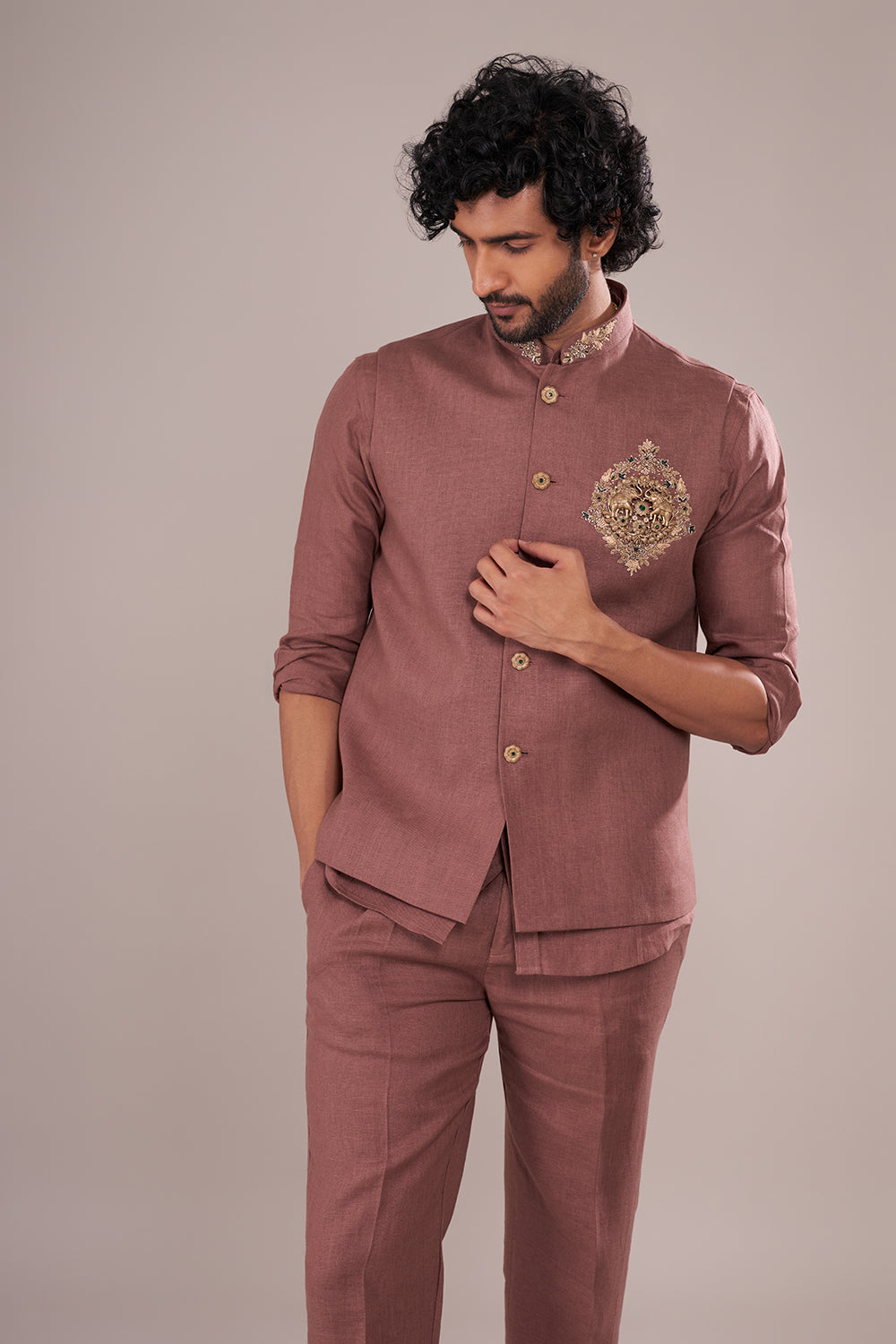 Dusty Mauve Linen Men's Bundi Set with Zari Embroidery