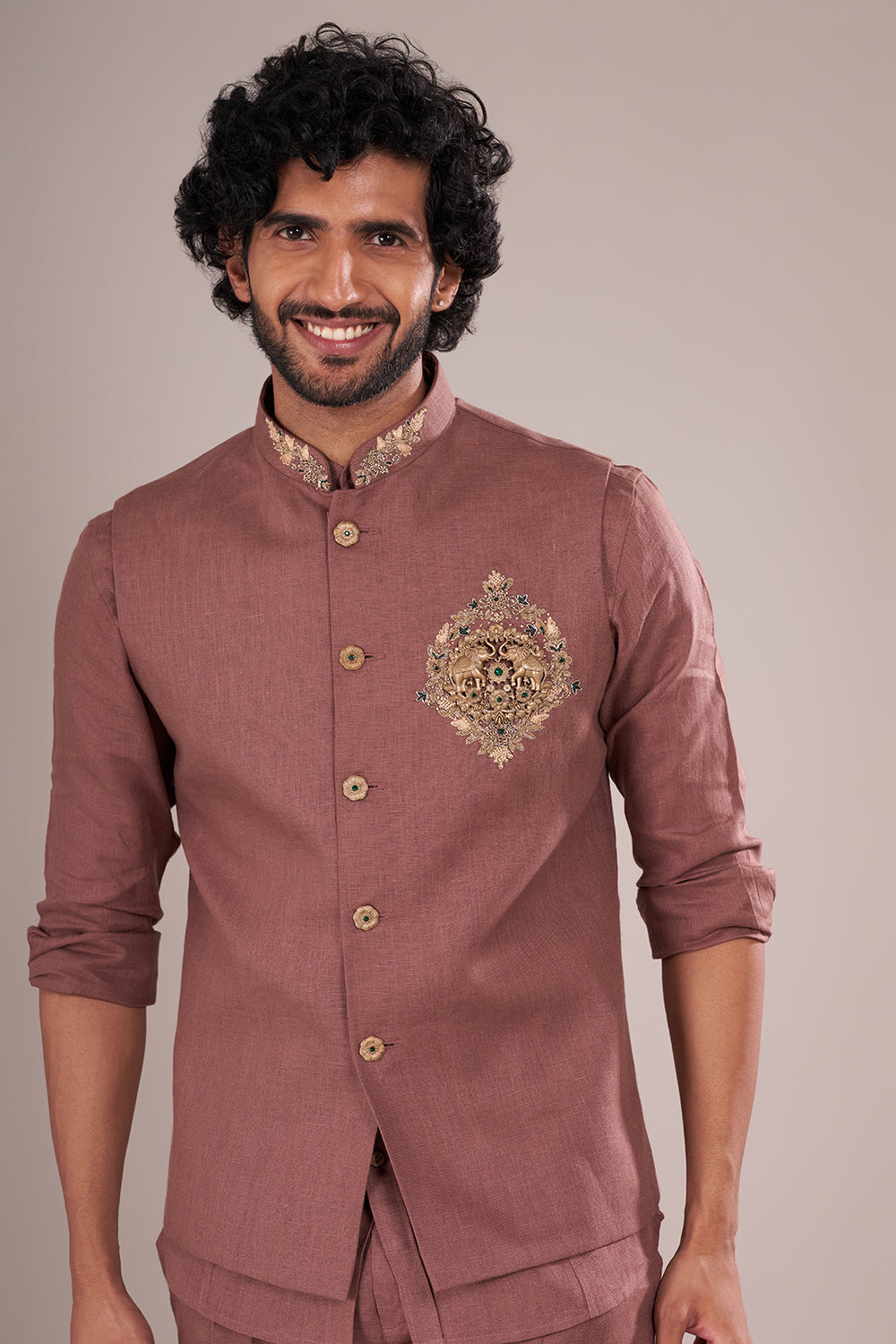 Dusty Mauve Linen Men's Bundi Set with Zari Embroidery