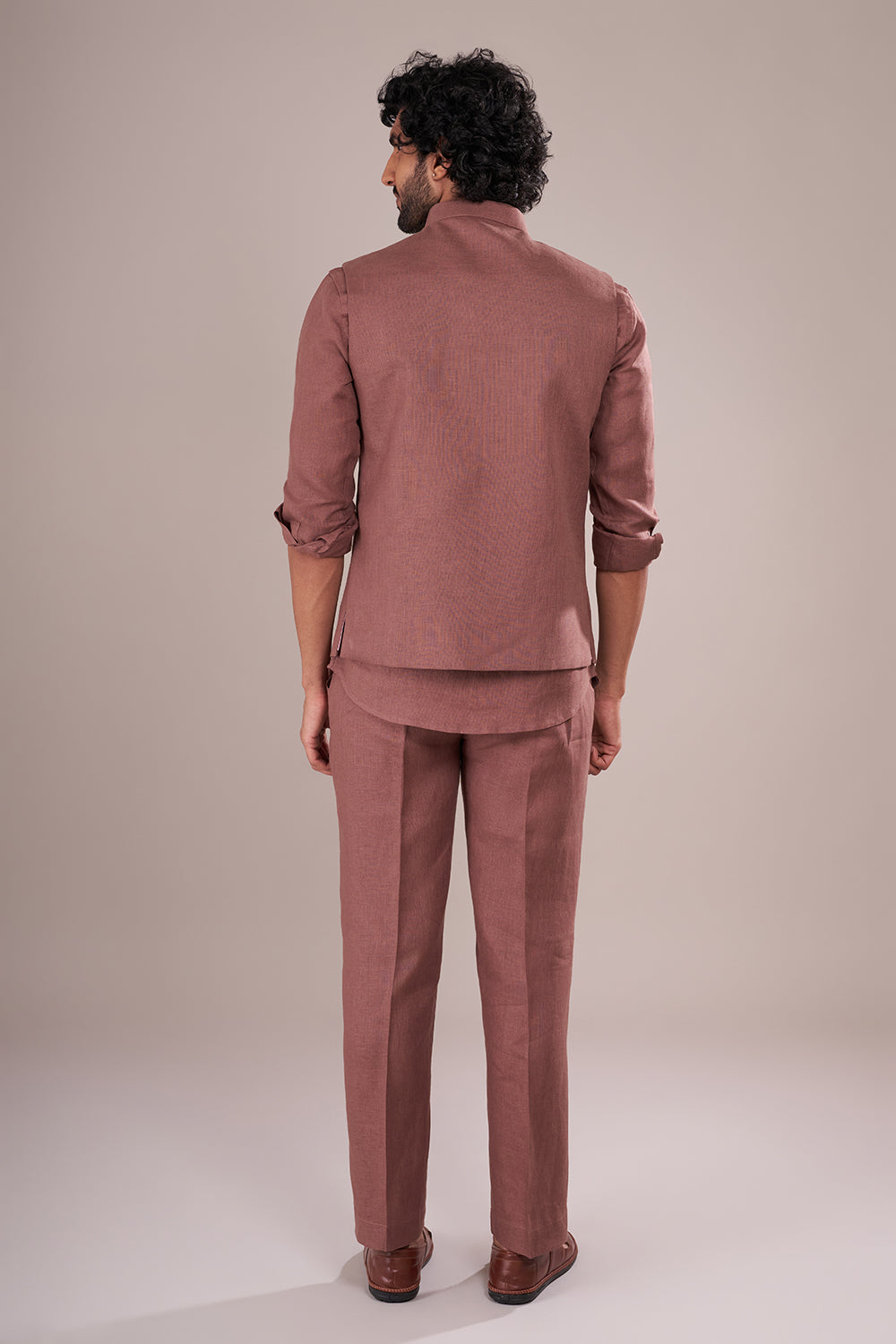 Dusty Mauve Linen Men's Bundi Set with Zari Embroidery