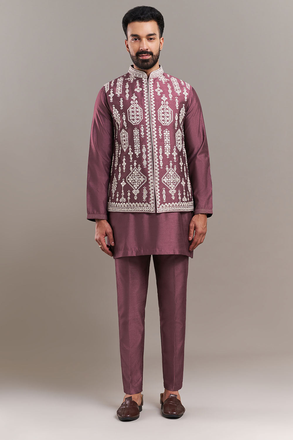 Dusty Onion Pink Silk Blend Medallion Men's Kurta Set with Jacket
