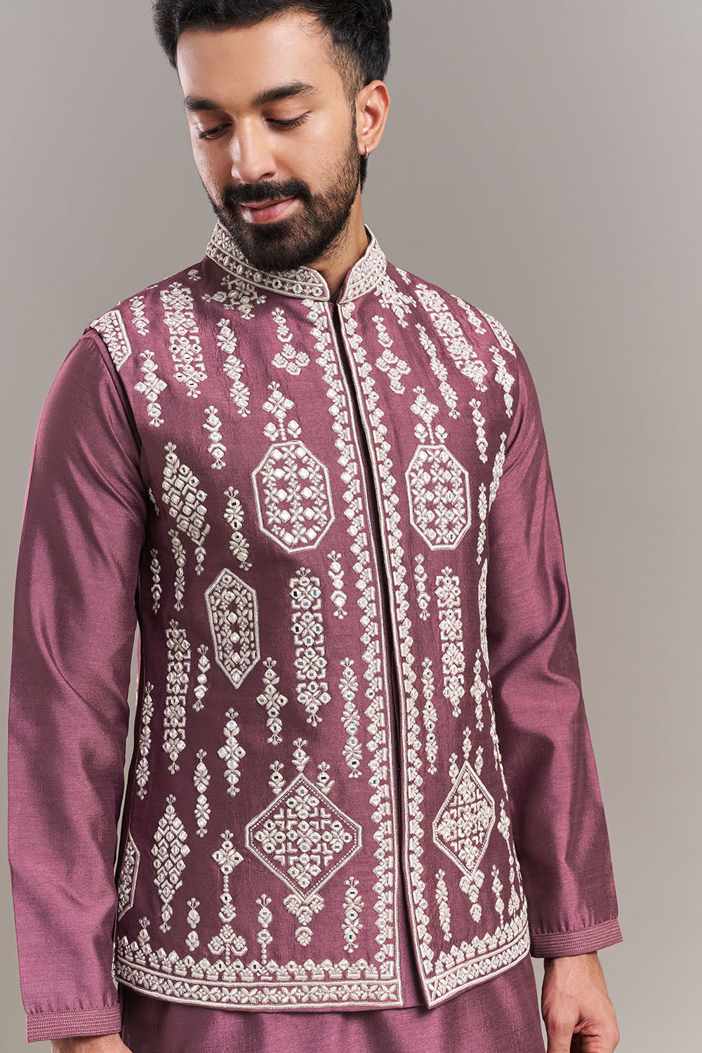 Dusty Onion Pink Silk Blend Medallion Men's Kurta Set with Jacket