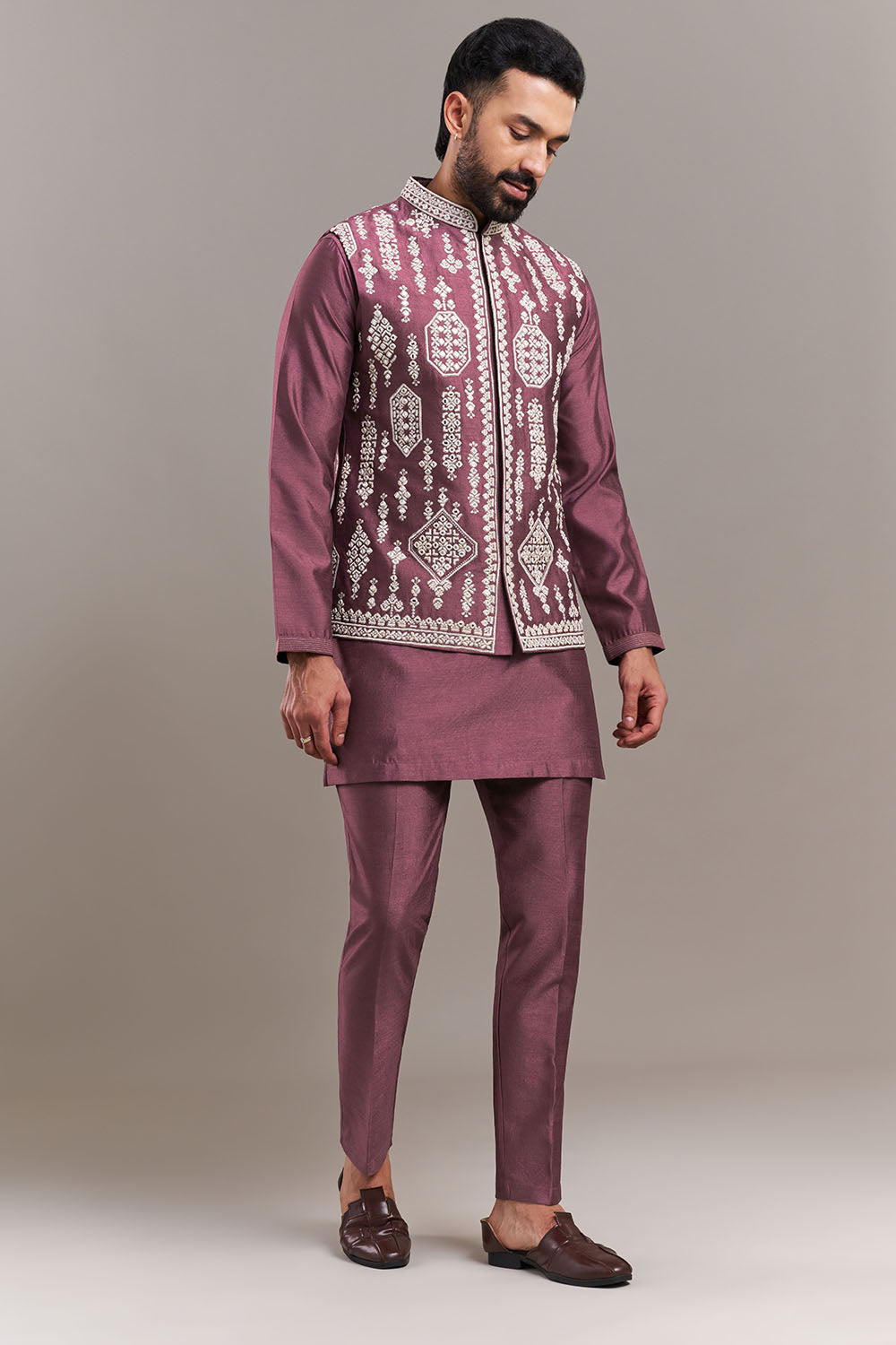 Dusty Onion Pink Silk Blend Medallion Men's Kurta Set with Jacket
