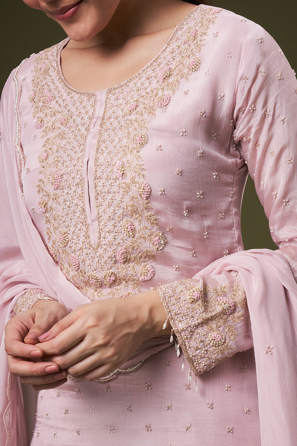 Dusty Pink Chinon Sharara Suit with Resham and Cutdana Work