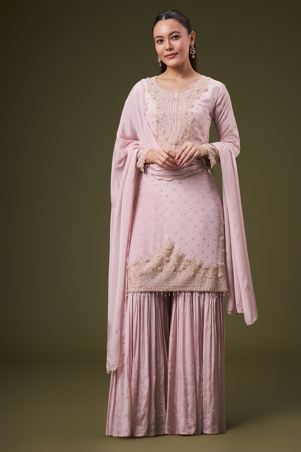 Dusty Pink Chinon Sharara Suit with Resham and Cutdana Work