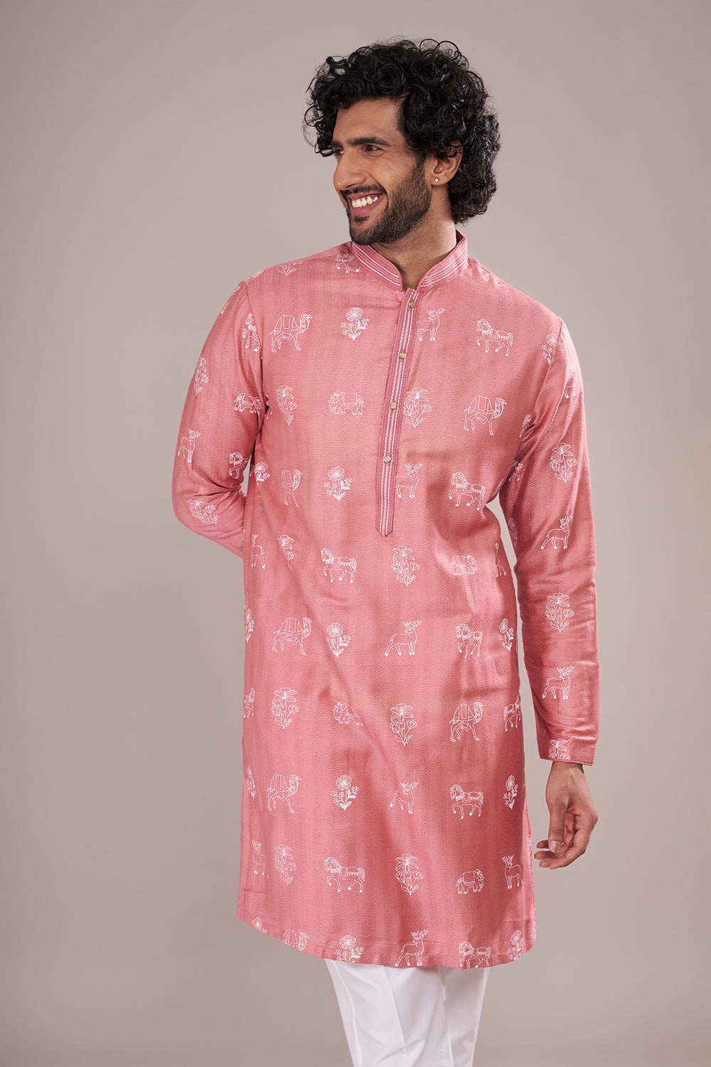 Dusty Pink Cotton Silk Men's Kurta Set with Threadwork