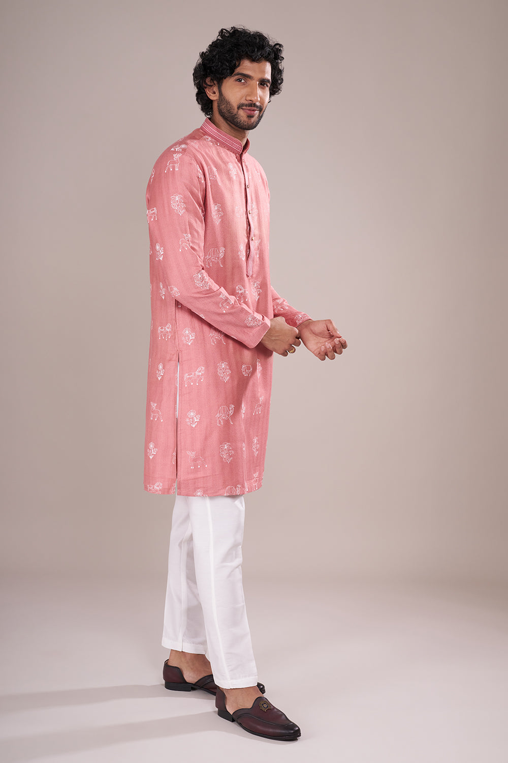 Dusty Pink Cotton Silk Men's Kurta Set with Threadwork