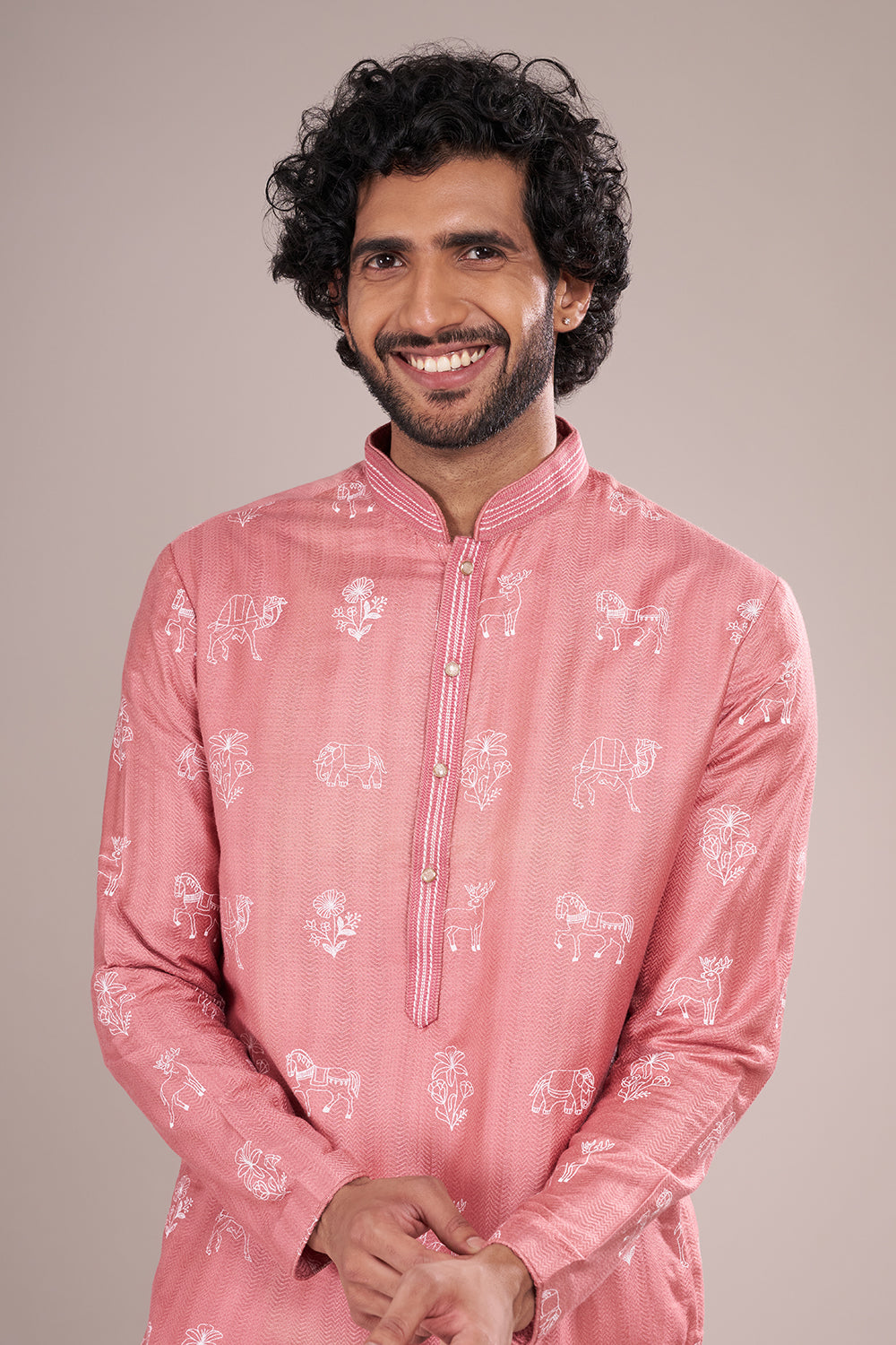 Dusty Pink Cotton Silk Men's Kurta Set with Threadwork