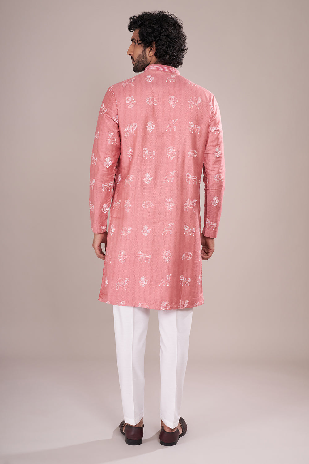 Dusty Pink Cotton Silk Men's Kurta Set with Threadwork