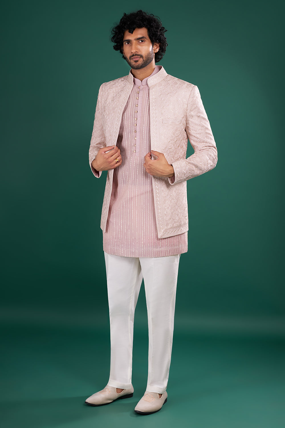 Dusty Pink Embroidered Silk Blend Kurta Set With Ivory Jacket