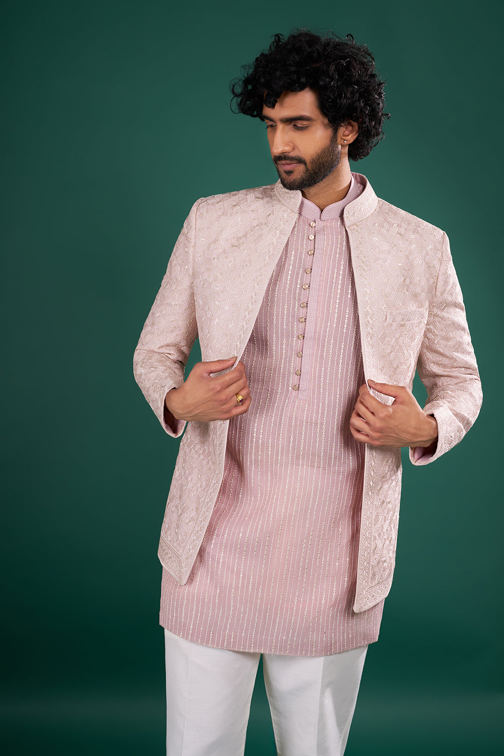 Dusty Pink Embroidered Silk Blend Kurta Set With Ivory Jacket