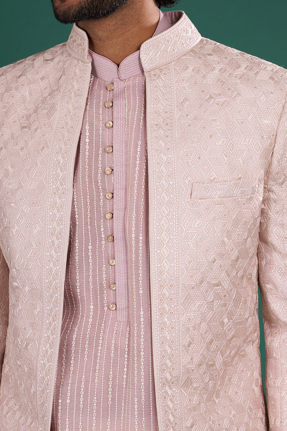 Dusty Pink Embroidered Silk Blend Kurta Set With Ivory Jacket