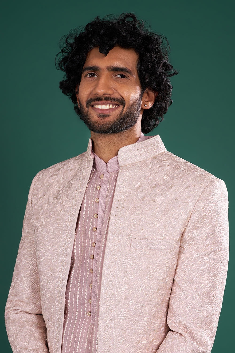 Dusty Pink Embroidered Silk Blend Kurta Set With Ivory Jacket