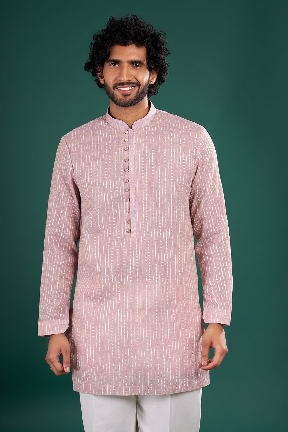 Dusty Pink Embroidered Silk Blend Kurta Set With Ivory Jacket