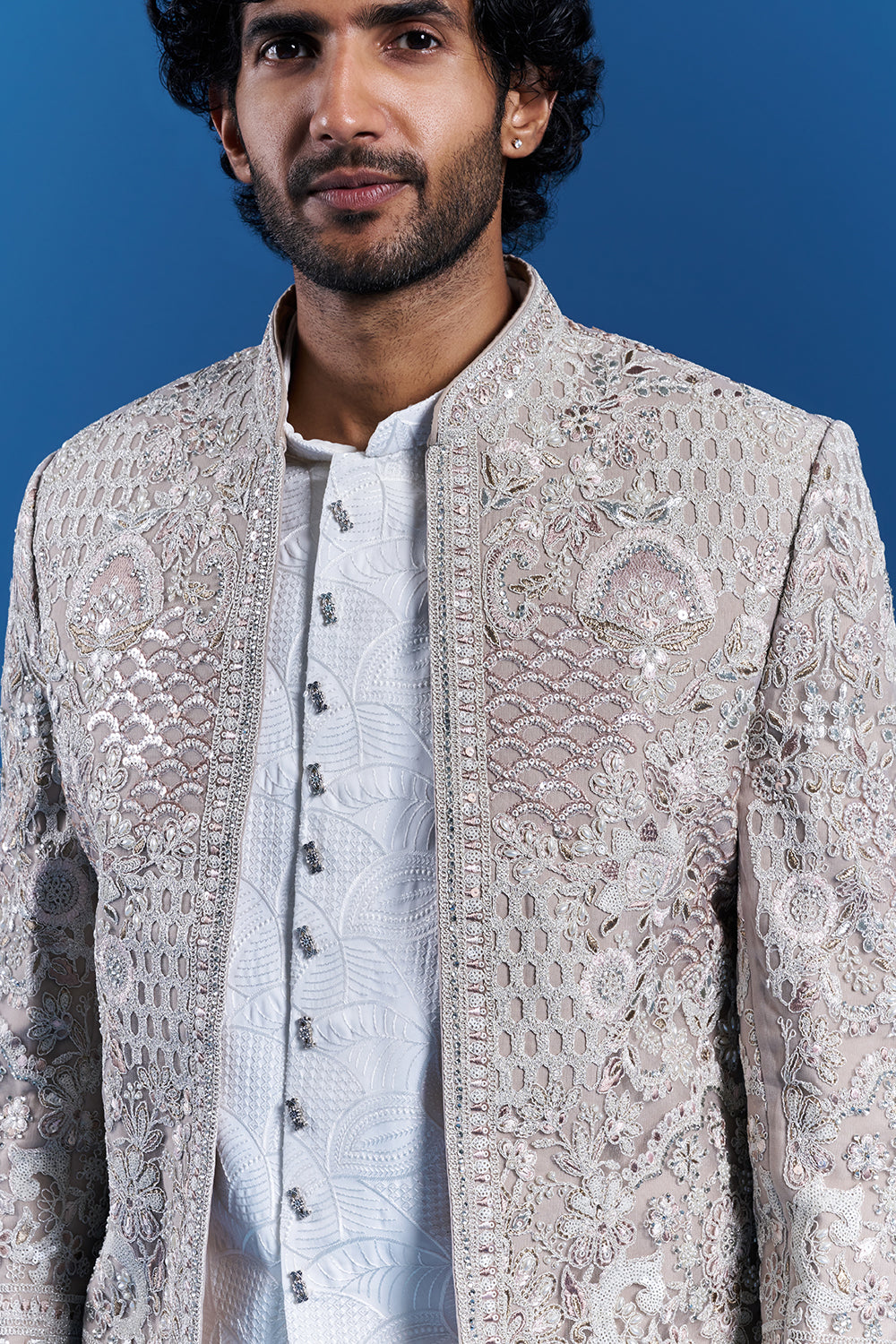 Dusty Pink Net Embroidered Jacket Kurta Set