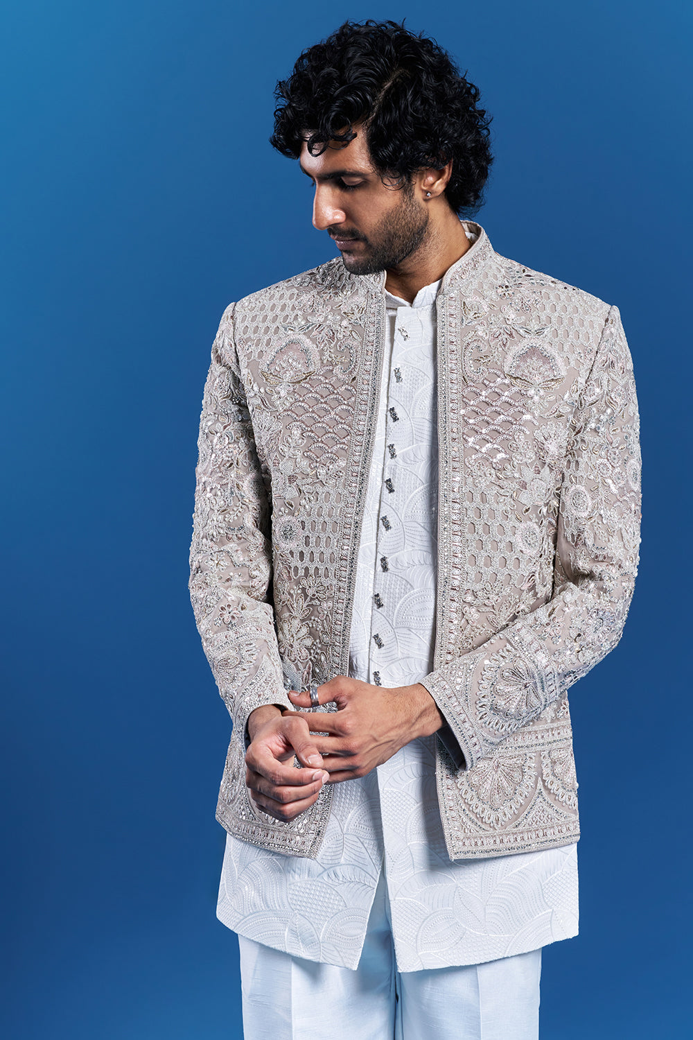 Dusty Pink Net Embroidered Jacket Kurta Set