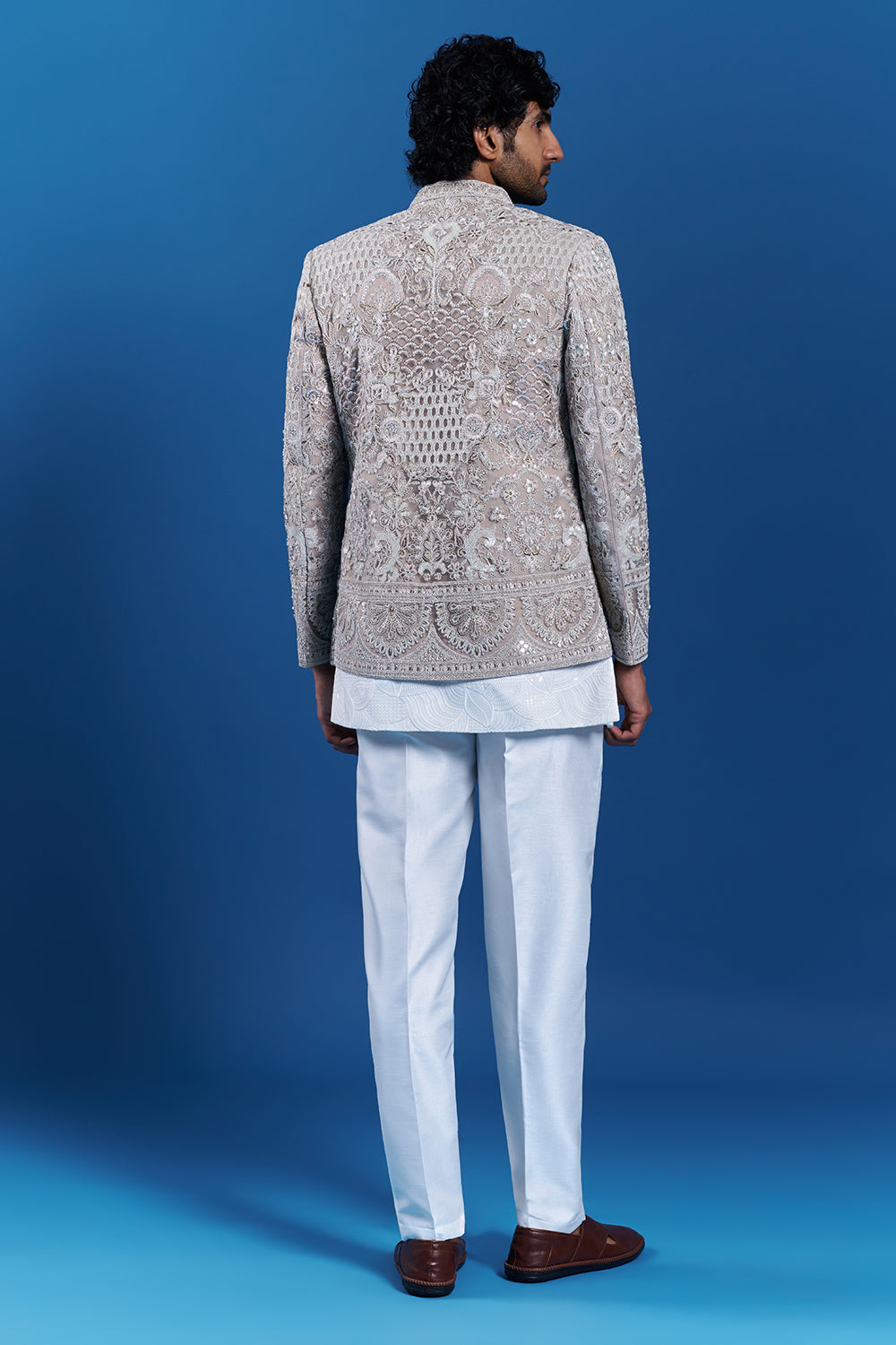 Dusty Pink Net Embroidered Jacket Kurta Set