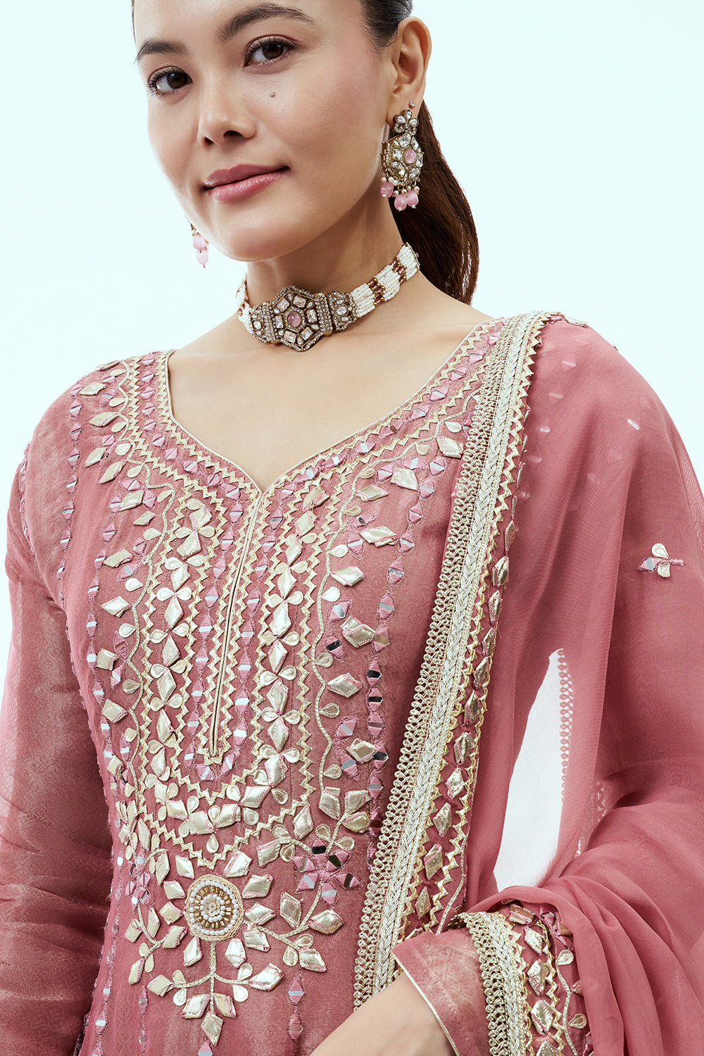 Dusty Pink Tissue Anarkali Set with Gota Work