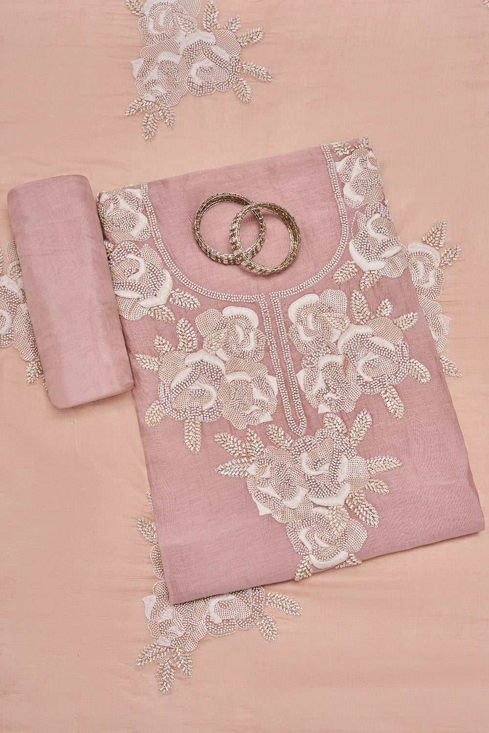 Dusty Rose Floral Embroidered Unstitched Suit Set