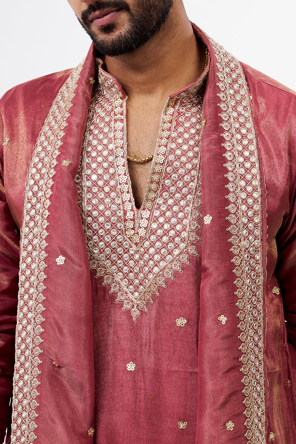 Dusty Rose Pink Tissue Men's Silk Kurta Set