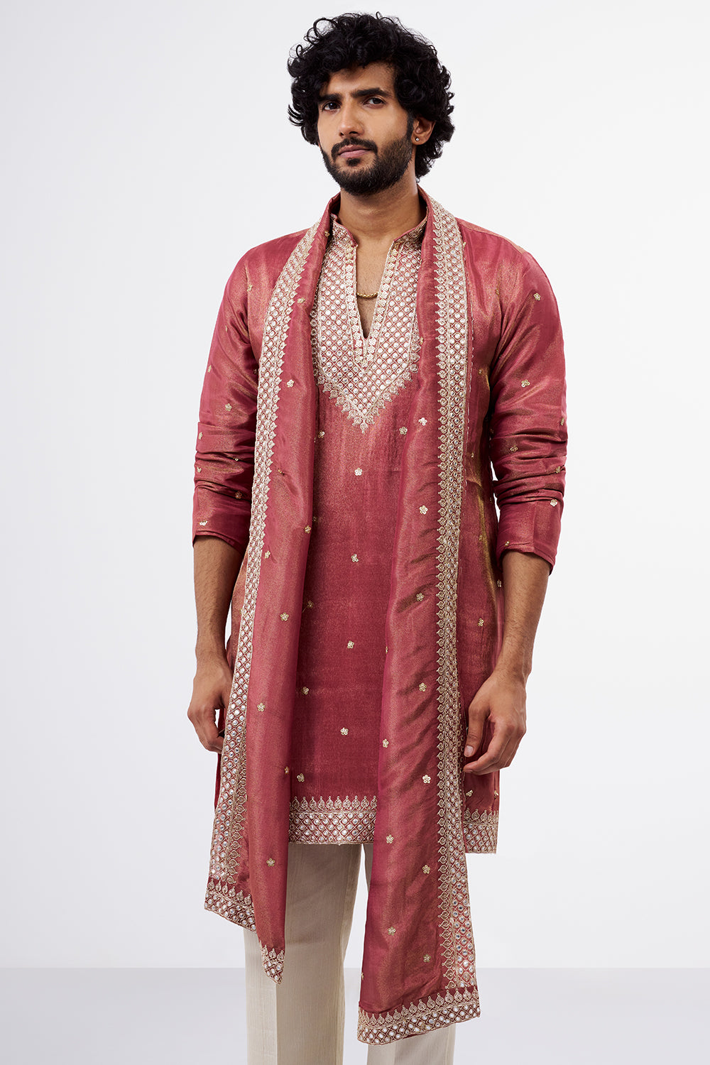 Dusty Rose Pink Tissue Men's Silk Kurta Set