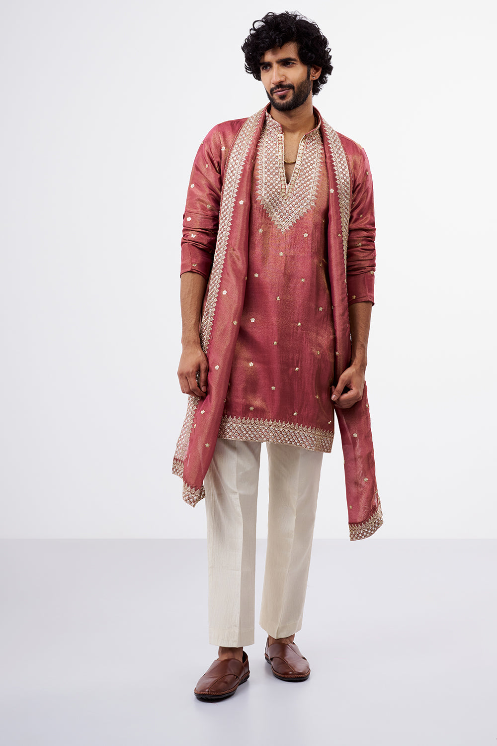 Dusty Rose Pink Tissue Men's Silk Kurta Set