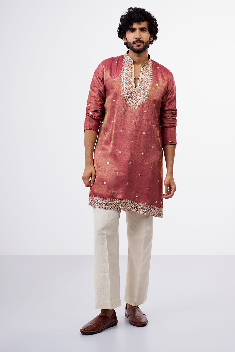 Dusty Rose Pink Tissue Men's Silk Kurta Set