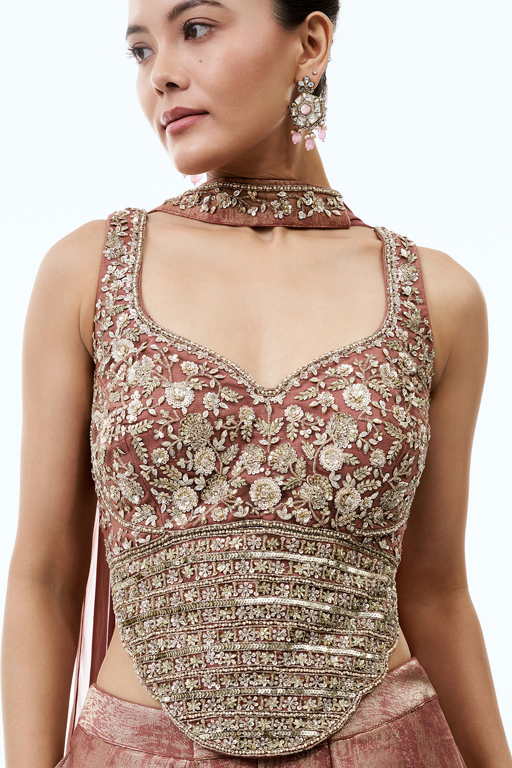 Dusty Rose Tissue Indo Western Set with Sequins and Cutdana Work