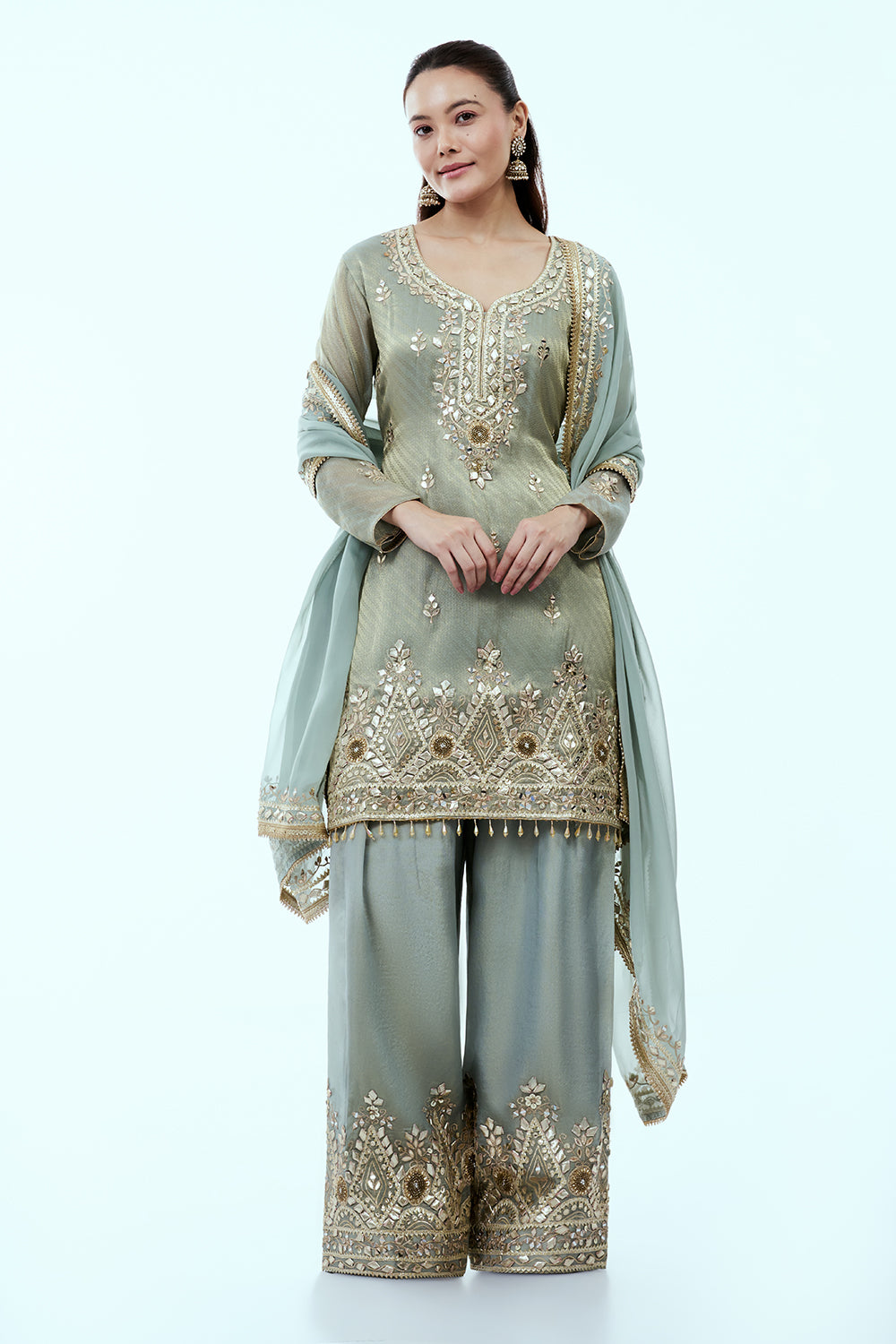 Dusty Sage Green Shimmer Tissue Suit with Zari and Mirror Work