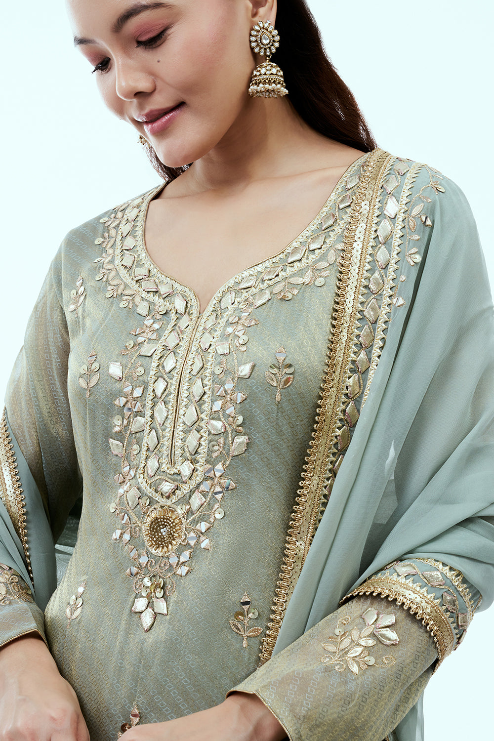Dusty Sage Green Shimmer Tissue Suit with Zari and Mirror Work