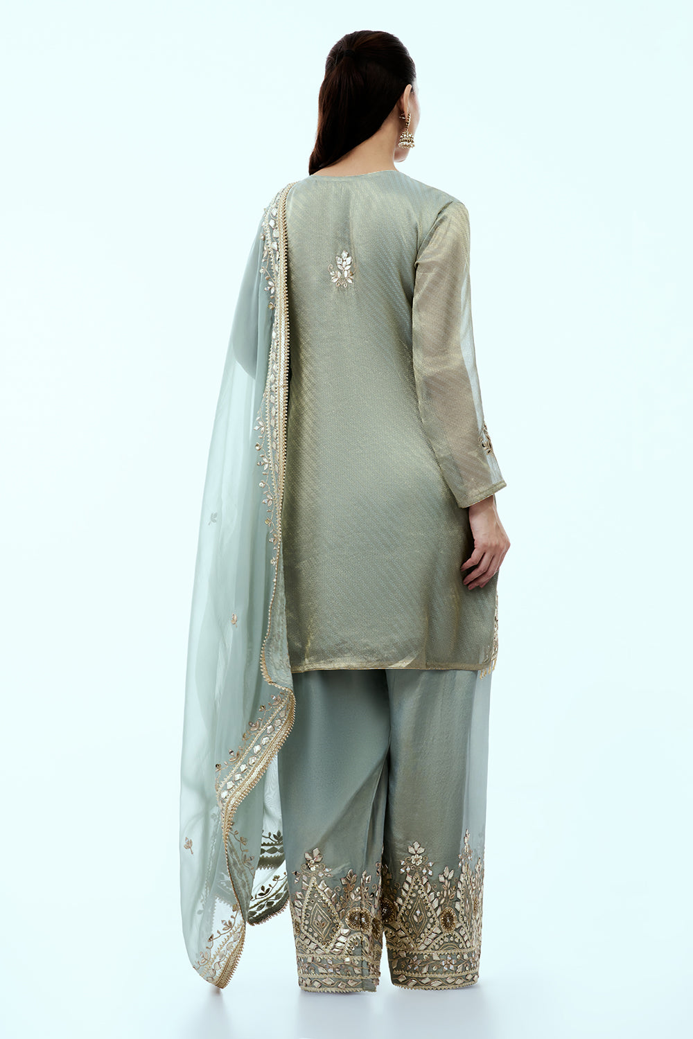 Dusty Sage Green Shimmer Tissue Suit with Zari and Mirror Work