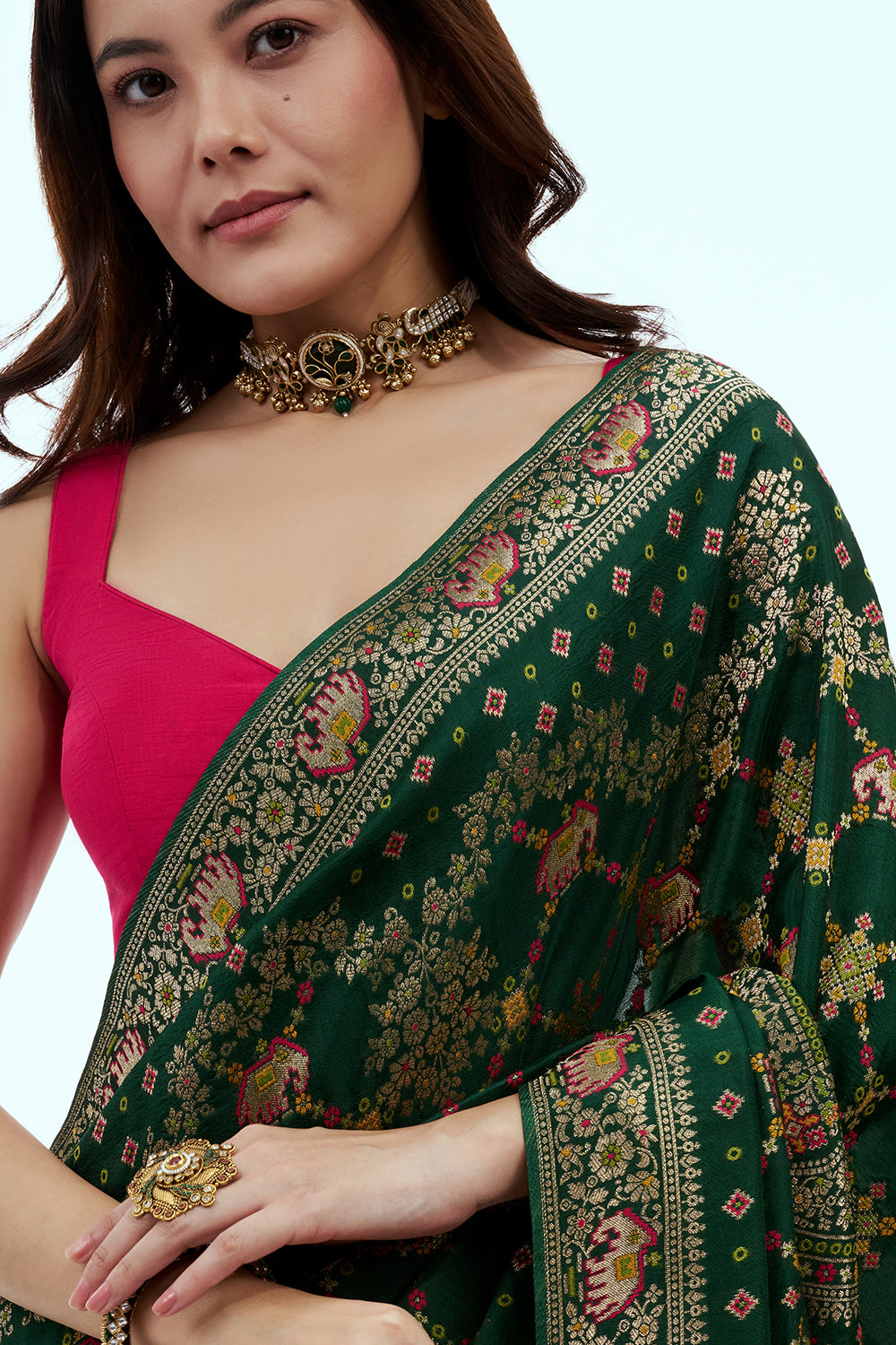 Emerald Green Banarasi Silk Saree with Patola Work