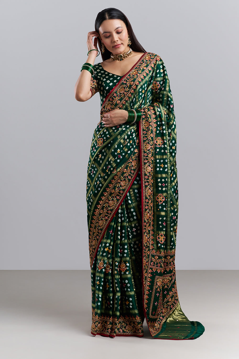 Emerald Green Bandhej Gharchola Embroidered Saree