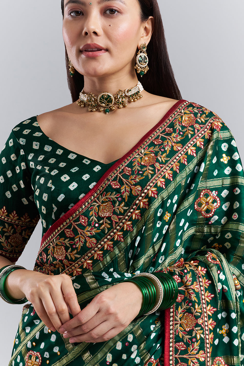 Emerald Green Bandhej Gharchola Embroidered Saree