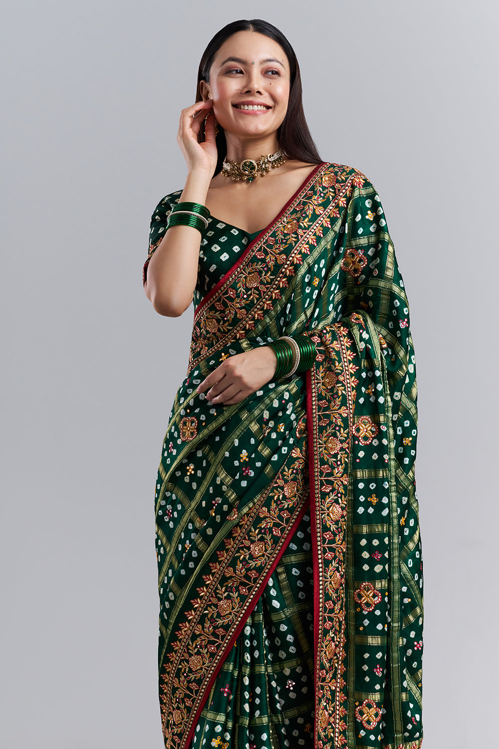 Emerald Green Bandhej Gharchola Embroidered Saree