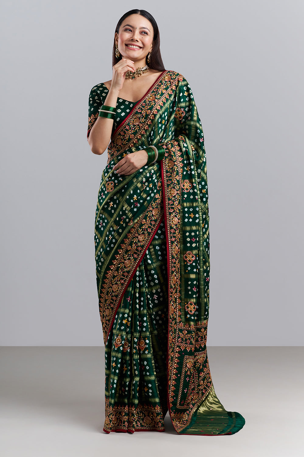 Emerald Green Bandhej Gharchola Embroidered Saree
